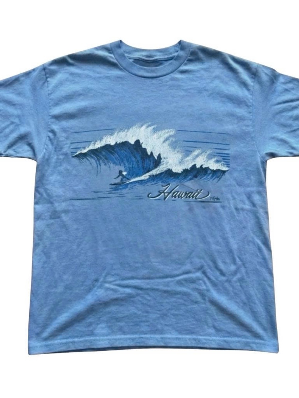 Hawaii Wave Graphic Crewneck T-Shirt - Light Blue